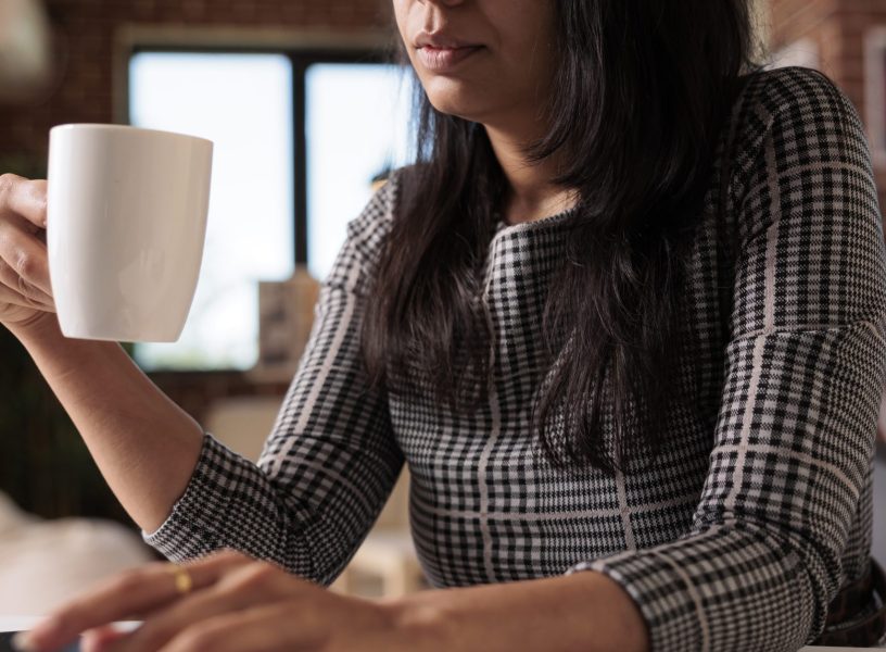 Office employee doing remote work on laptop, doing business report with network app at home on computer. Working on startup research information and studying online, class lesson.